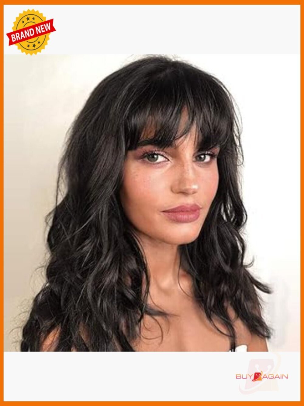 Natural wave wig with bangs 100% human hair medium cap tangle free heat style